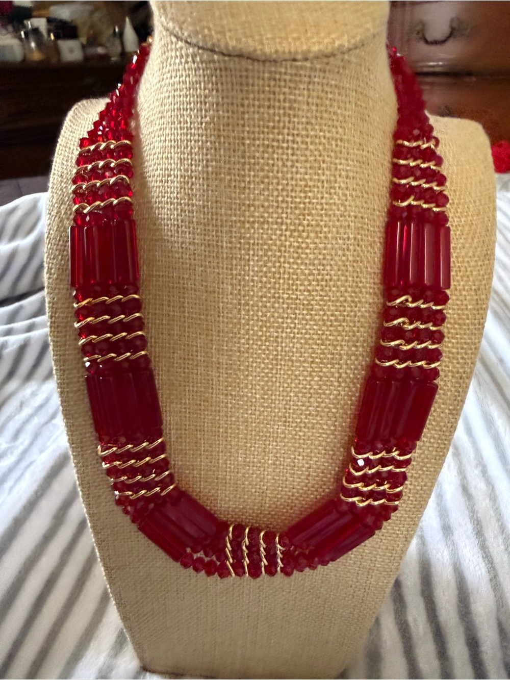 Red Beaded Chain-Accented Women's Necklace